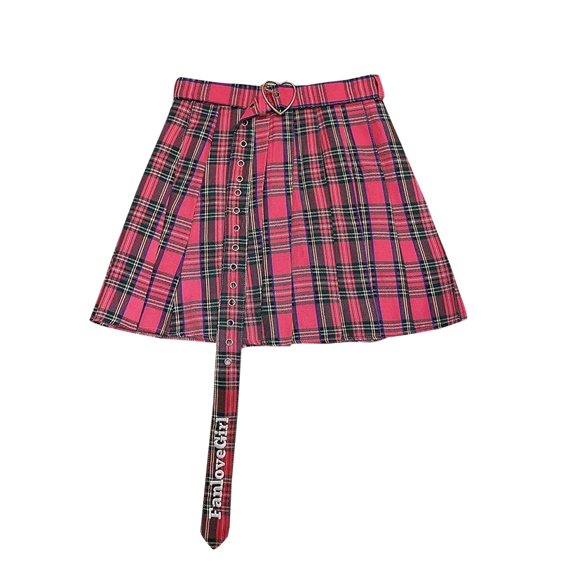 

Autumn New Love Heart Belt Women Skirt Harajuku Mini Kawaii Hot Girl Plaid Skirts Female Girl Sweet JK Pleated Skirt Mujer