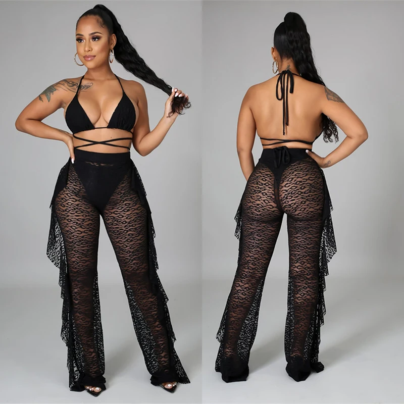 

2021 Sexy Lace Pants Black Bikini Women Swimwear Female Bandage Three-pieces Bikini set Bather Beach Bathing Suit Swim New