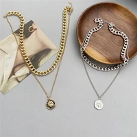 punk style couples popular jewelry alloy double necklace coin gold fashion necklace thick girl fashion necklace men and women