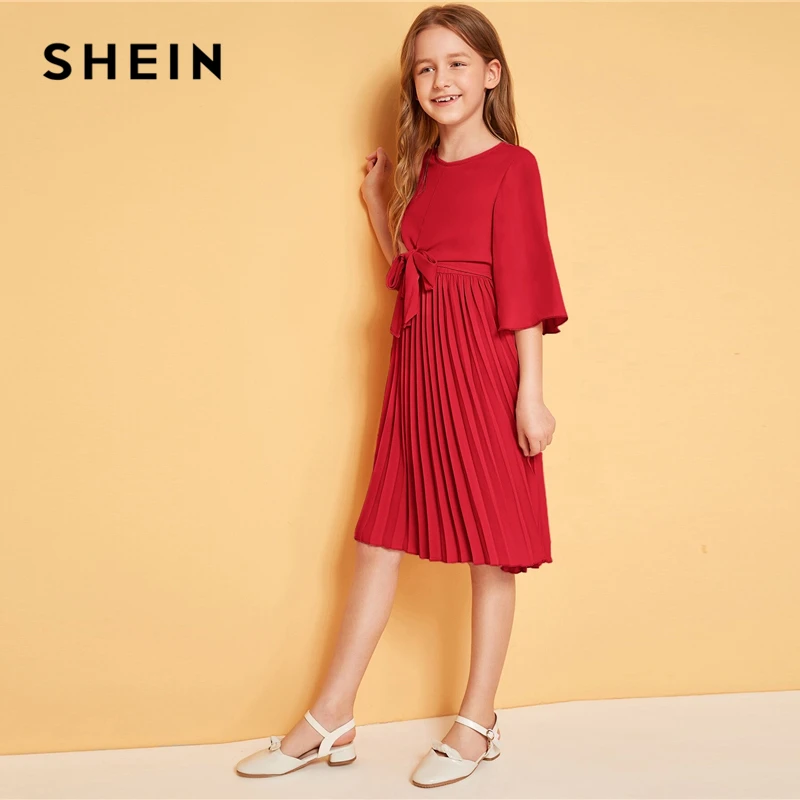 SHEIN/детское однотонное плиссированное платье с завязками спереди для девочек; милое детское платье; коллекция года; Летние Детские платья трапециевидной формы с рукавами-воланами до колена