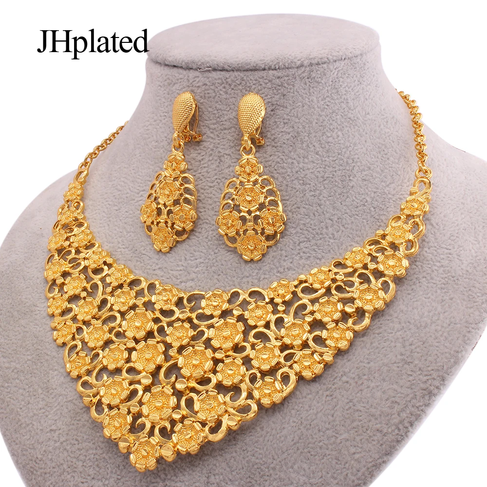 

African fashion trendy Gold plated Jewellery Fine bridal gifts Wedding Ornament jewelry sets necklace earrings set for women