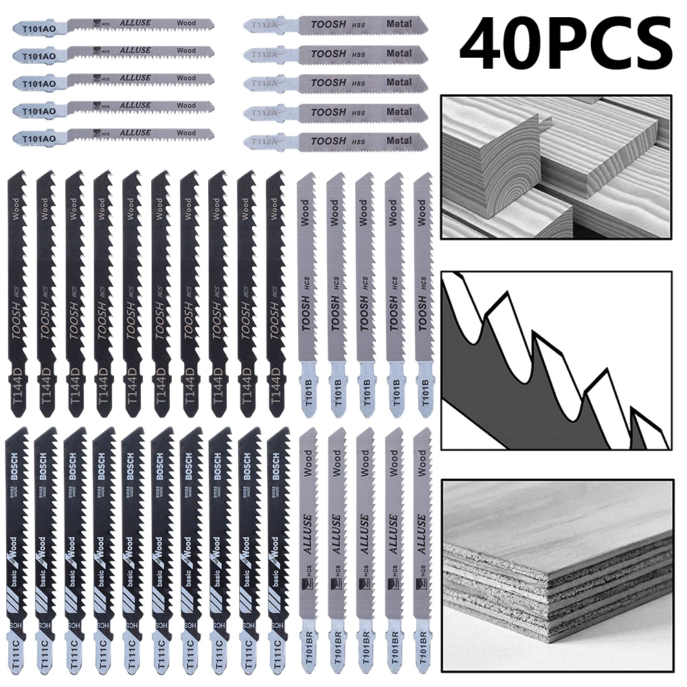 

40PCS T-Shank Jigsaw Blade Set with Storage Case, Made with HCS/HSS/BIM, Assorted Blades for Wood, Plastic and Metal Cutting