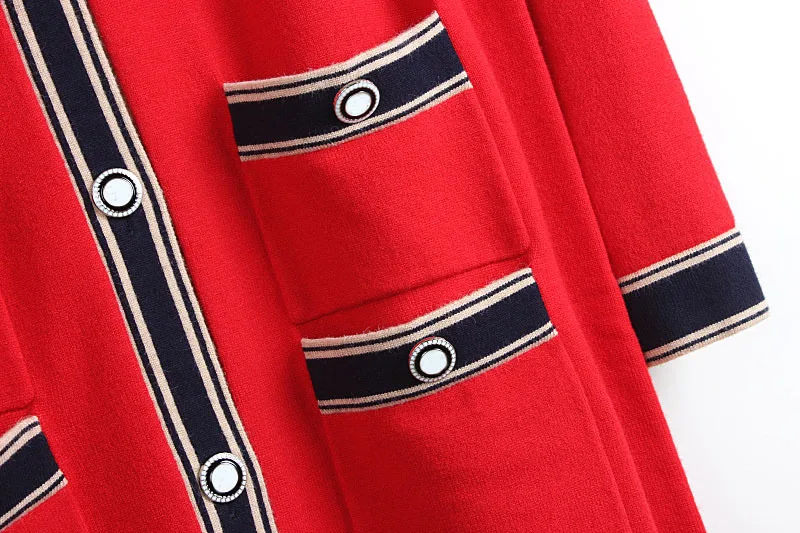 

Designer Runway Women Cardigans 2020 Autumn Spring Thick Sweater Red V-neck Coats Cardigan Knitted 4 Pockets Long Loose Outwear