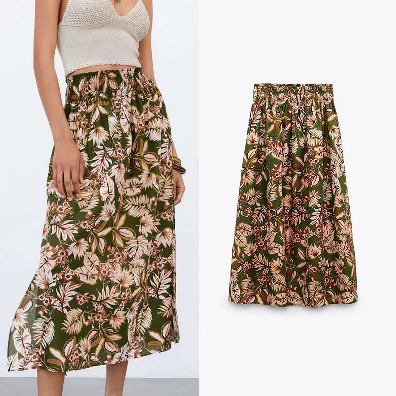 

Женская юбка с завышенной талией Za, юбка с цветочным принтом, эластичным поясом и рюшами, летняя модная юбка с разрезом спереди, 2021