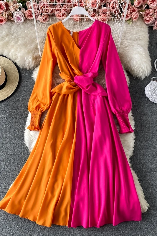 

New 2021 Spring Summer Fashion Color Block Holiday Dress Women Lantern Sleeve V-Neck Contrast Fold Crossing Ladies Long Dress
