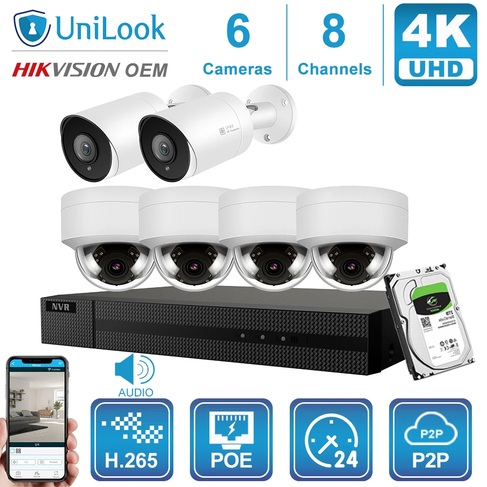 

UniLook 8CH 4/6/8Pcs 8MP POE IP Camera NVR Kits Security System Night Vision Motion Detection H.265 P2P View