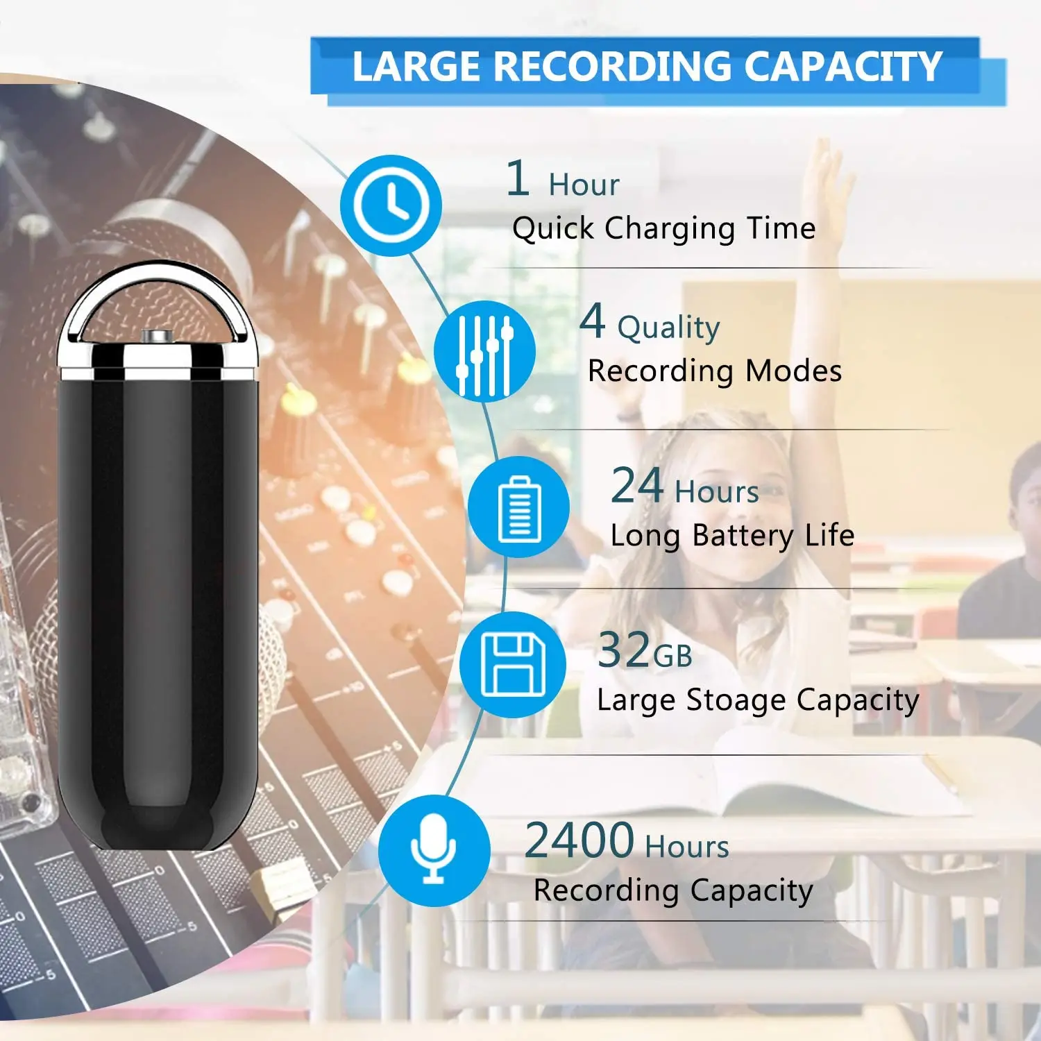 

Ymesy 32GB Voice Activated Recorder 2400 Hours Recording Capacity Keychain Audio Recording Suitable for Lectures and Meetings