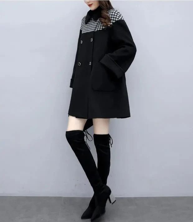 

Winter Women Black Loose Houndstooth Jacket Warm Coat Autumn Patchwork WoolenOvercoat Casual Outwear Female Fashion Cape Coats