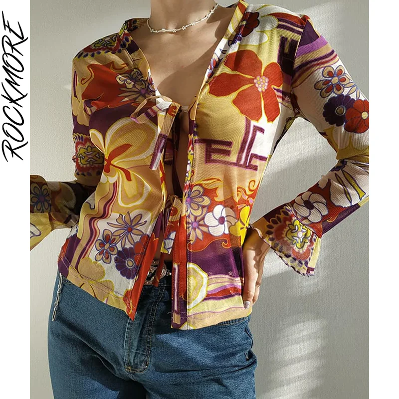 

Rockmore Vintage Print Crop Top Women Lace Up Long Sleeve T Shirt Autumn y2k Streetwear Turn Down Collar Graphics Tee Cardigans