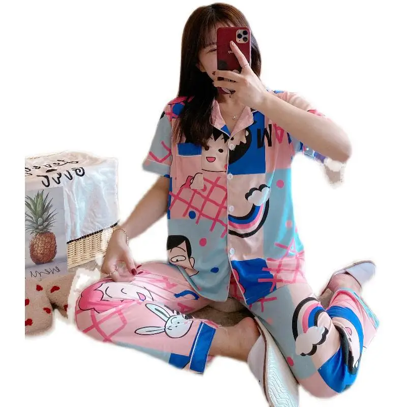 

Seeslim Japanese Style Cartoon Printed Sleepwear Women Cute Girls Pajamas Night Wear Kawaii Pijama Homme Summer Two Piece Set