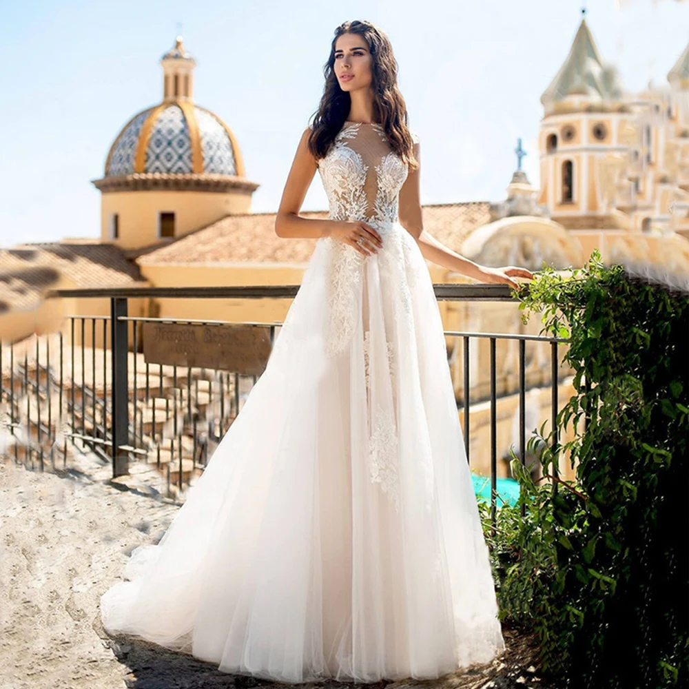 

Elegant Princess Wedding Dresses A-Line Custom Made V-Neck Lace Appliques Button Sleeveless Long Vestido De Noiva 2021