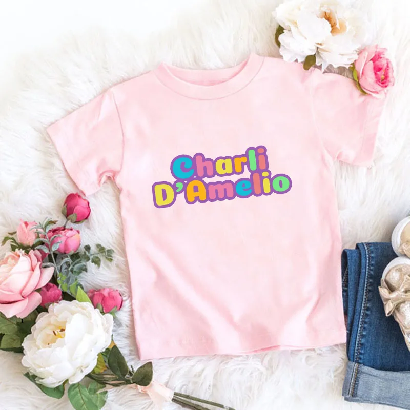 

Summer New 2020 Baby Girl Clothes Fashion Harajuku Charli D'Amelio Casual Harajuku Tshirt Kids Casual T-shirt Boys Pink Clothing