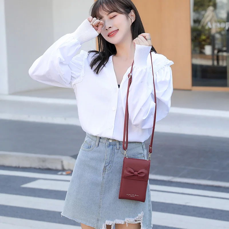 Kawaii Bow Small Crossbody Bag for Girls Soft PU Leather Phone Shoulder Bags Ladies Clutch Handbag Clutch Fashion Portable Purse