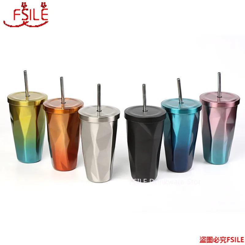 

500ml/17oz Double Wall 304 Stainless Steel Coffee Bottle with Straw To Go Cold Beer Cup with Tumbler Insulated Auto Water Mugs