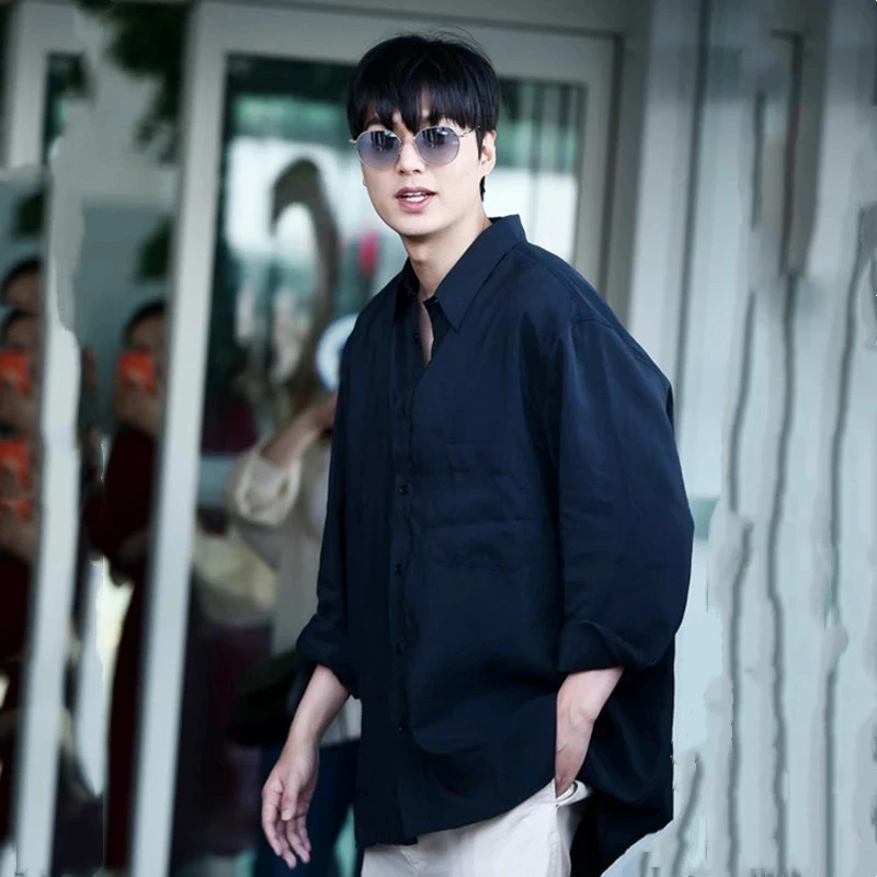 

Рубашка мужская с большими карманами, свободная сорочка с длинным рукавом, популярная в стиле Звезд, цвет черный, лето