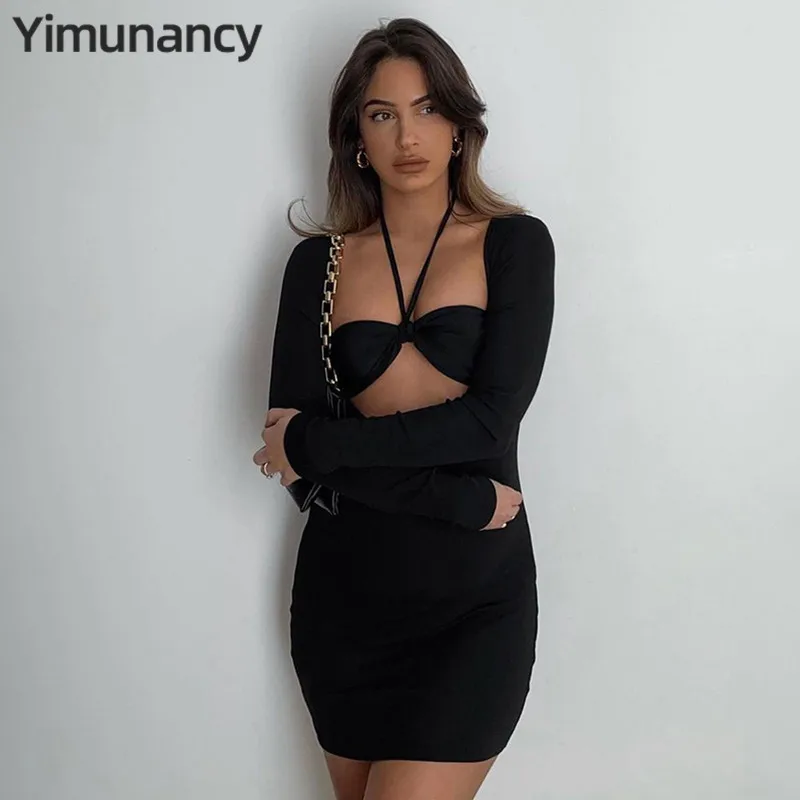 

Женское облегающее платье из 2 частей с длинным рукавом, Осеннее мини-платье с вырезом, женское однотонное сексуальное Клубное платье, 2021