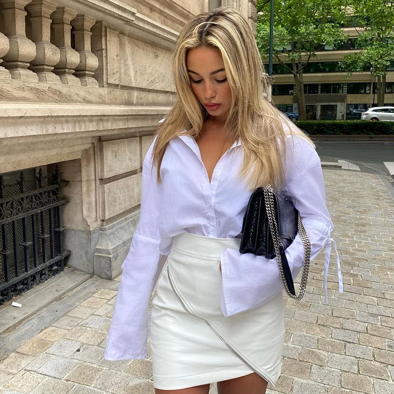 

Darlingaga Fashion Chic White Autumn Blouse Women Tops Lace Up Turn Down Collar Casual Shirt Flare Sleeve Solid Blouses Clothing