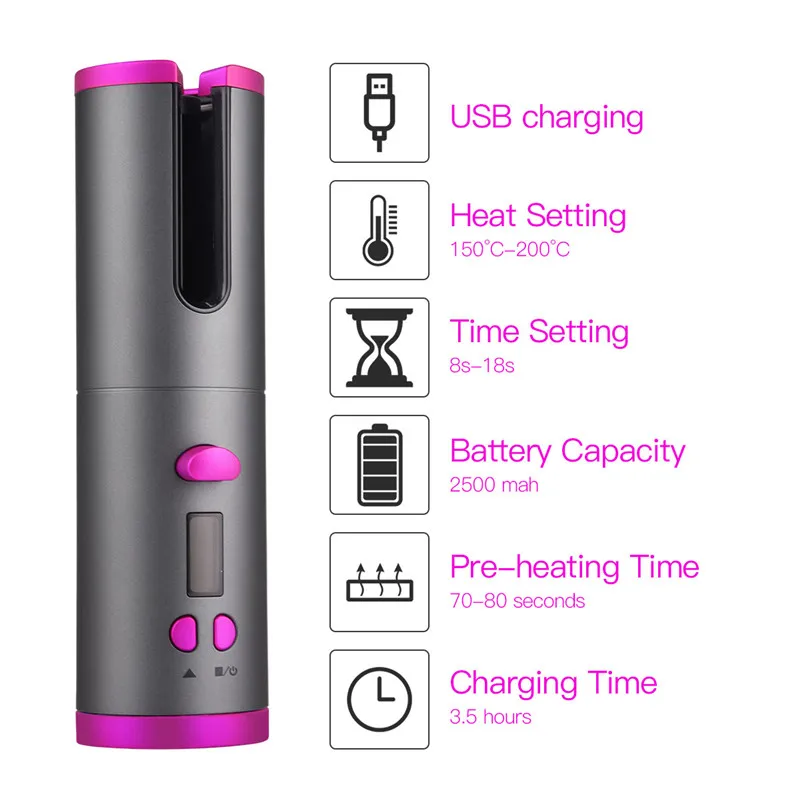 

CkeyiN Automatic Curling Iron Curler Air Spin Ceramic Rotating Air Curler USB Rechargeable Curling Iron LED Display hair curler