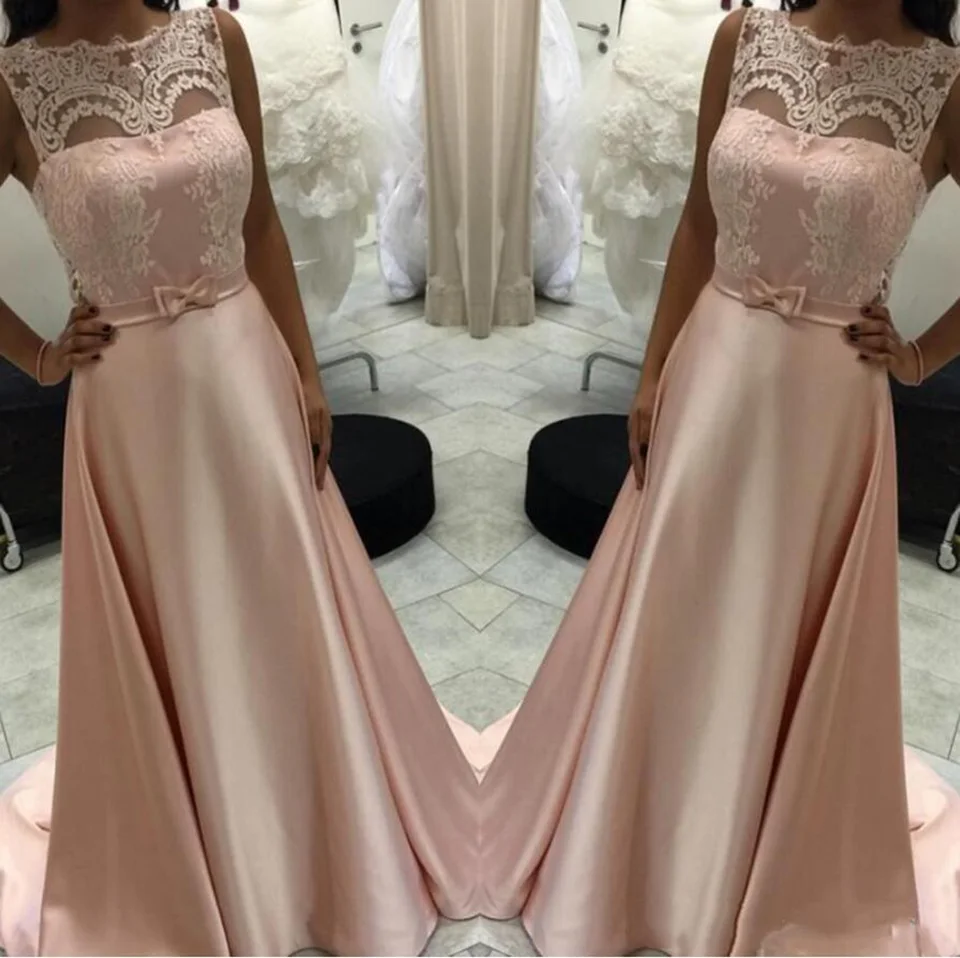 

Prom Party Gown Satin Evening Dress Applique Formal Dresses Lace A Line Bateau Sleeveless Floor-Length NONE Train Custom