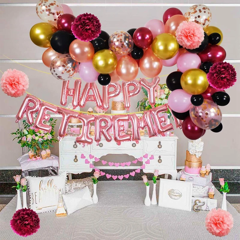 

Women's Rose Gold Retirement Theme 16inch Letter HAPPY RETIREMENT Party Decoration 84pcs Latex Balloons Paper Pompom Suit Suppli