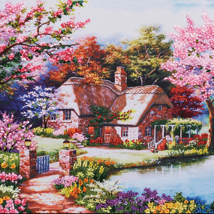 Картина для вышивки лентой сделай сам пейзажный узор рукоделие вышивка