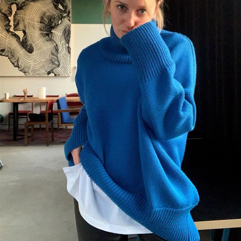 

Women's Sweater Long-sleeved High-necked Temperament Pure Color Knitted Pullover Elegant Casual and Loose Daily Inner Sweater
