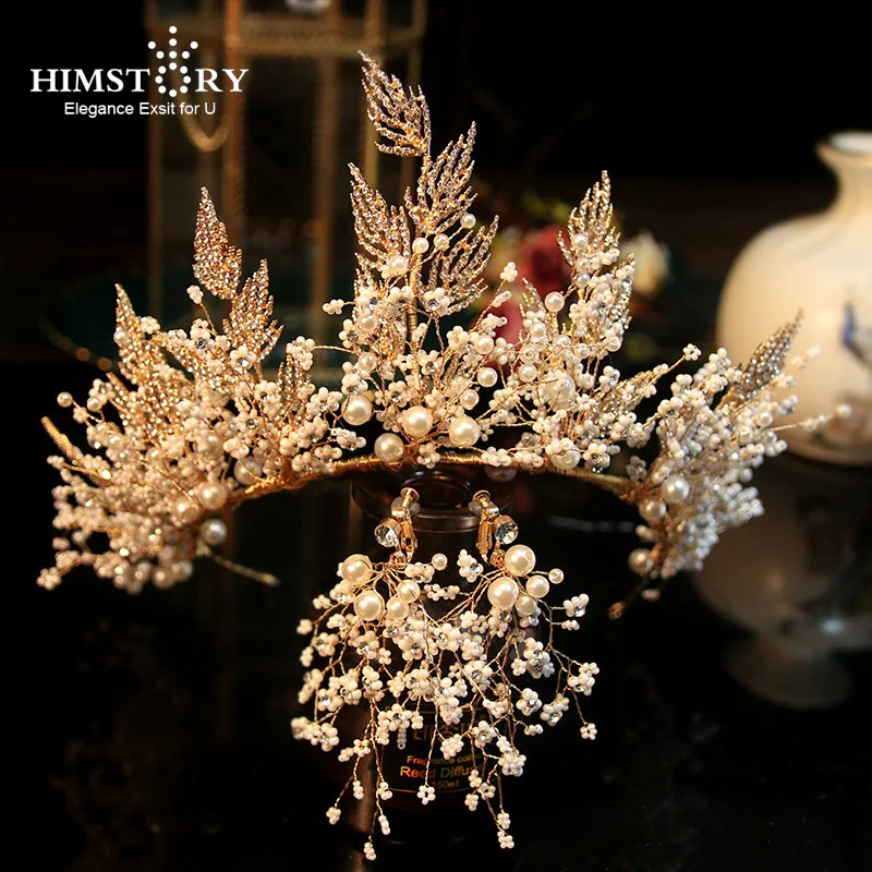 

HIMSTORY Gorgeous Handmade Royal Wedding Tiara Crowns with Earring Brach Brides Headbands Evening Hair Jewelry Hair Accessories