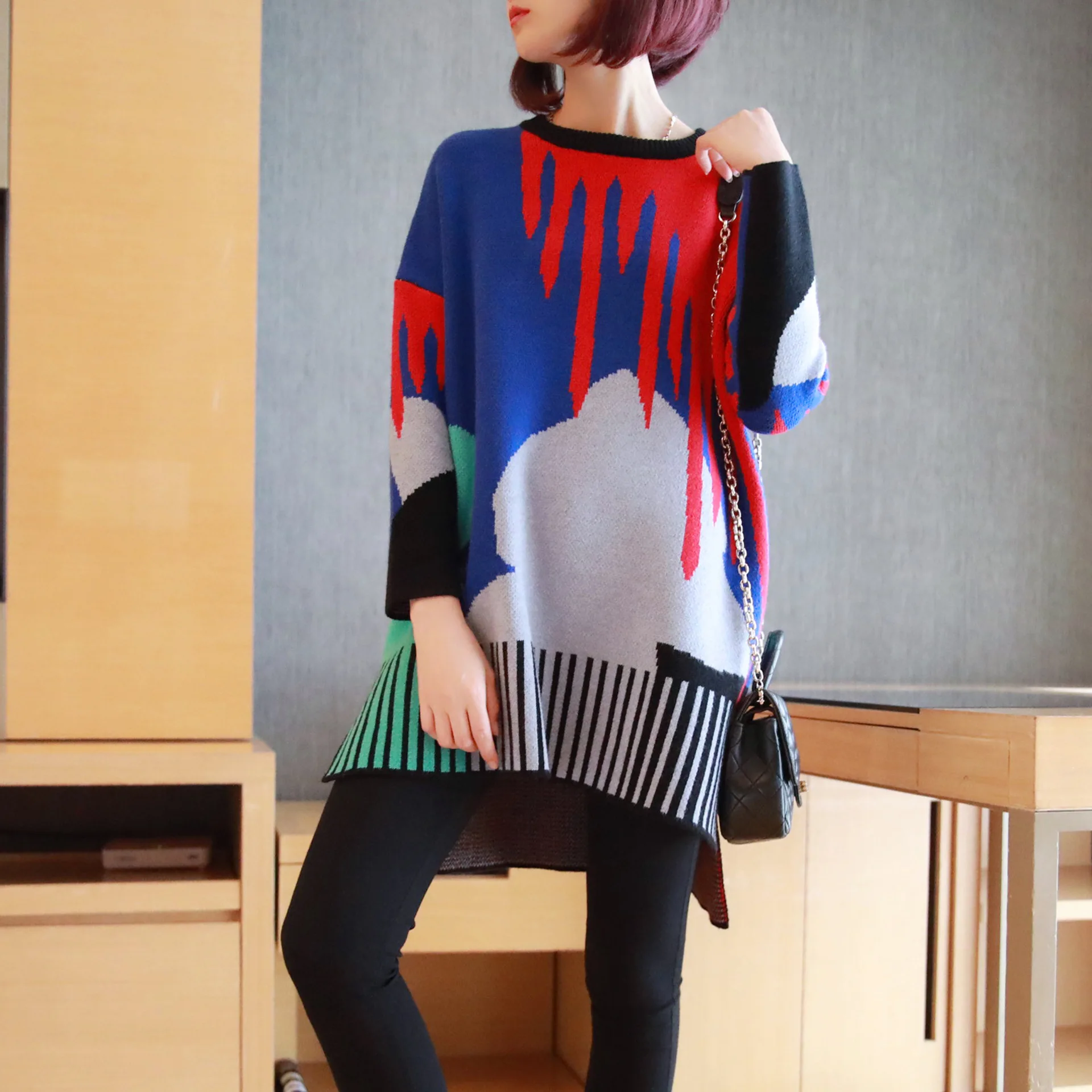 

Ms. fashion large size pullover new winter 2019 women's long section of loose long-sleeved sweater