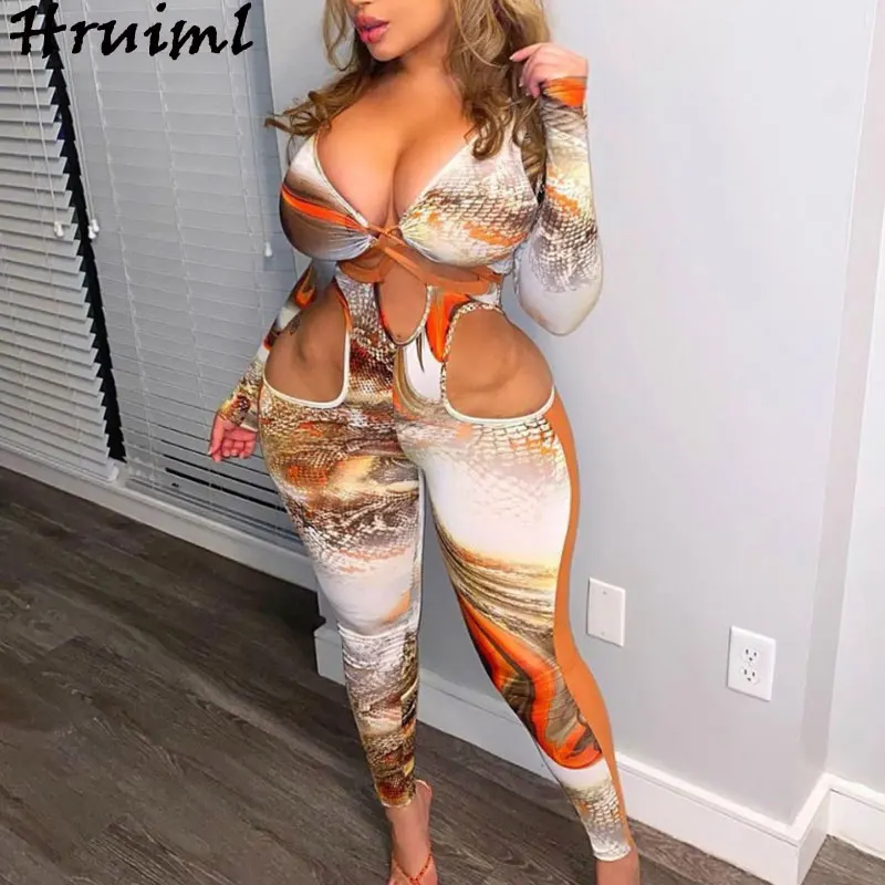

Wholesale Women's Summer Overalls Long Sleeve Hollow Out Sexy Bandage Women's Jump Suit Printed New Fashion Clubwear Bodysuit