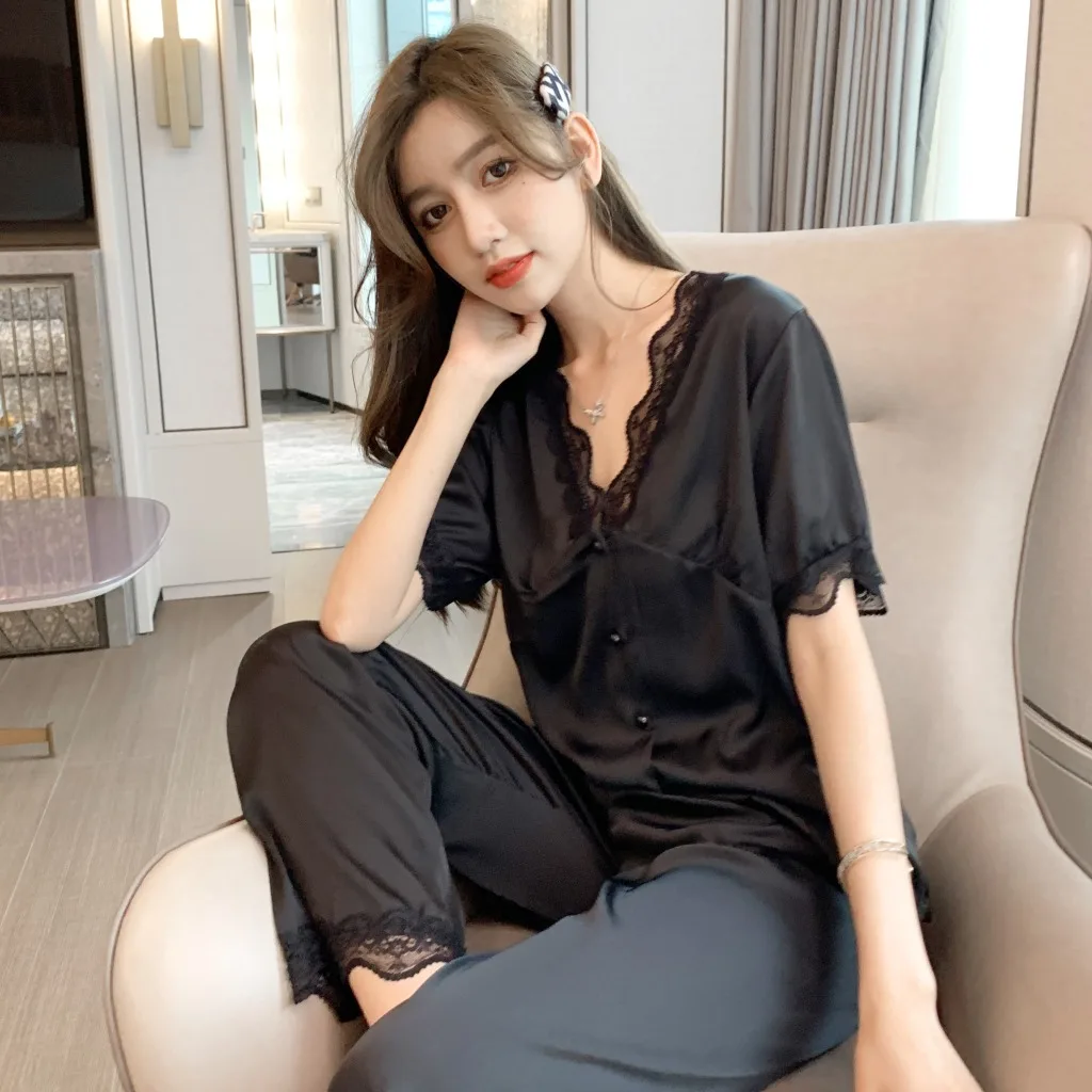 Short Sleeve Trousers Pajamas Women's Summer Ice Thin Korean Version 2021 New Spring Summer 2Pcs Set Home Wear Sleepwear
