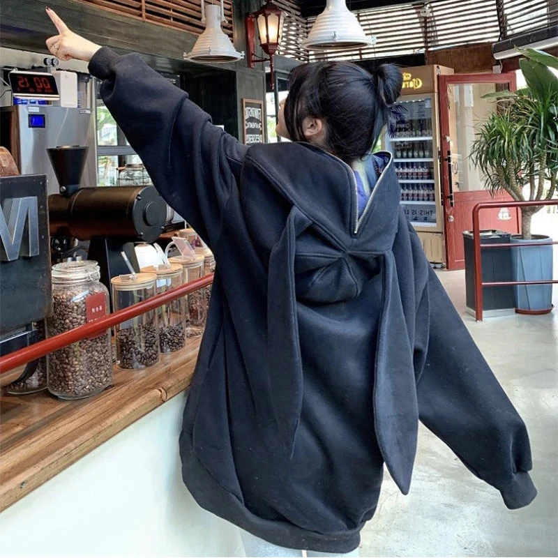 

Harajuku Kawaii Bunny Ears Hoodie Women jacket Top winter Oversized Loose Thick Zip up Sweatshirt Cute Clothes punk Solid color