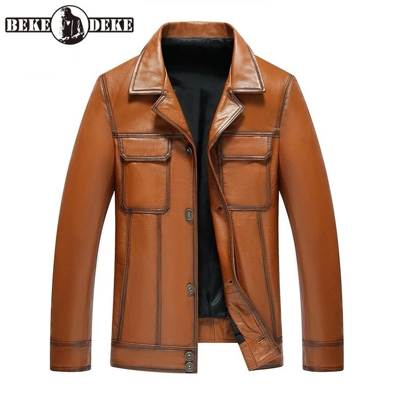 

Роскошная кожаная куртка из натуральной воловьей кожи, деловая мужская приталенная куртка, Офисная Рабочая Повседневная байкерская куртка...