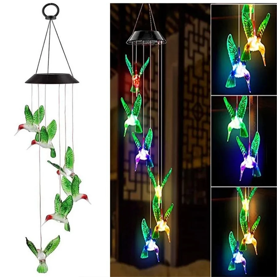 

Outdoor LED Solar Garden Light Waterproof Hummingbird Wind Chime Color Changing Hanging Landscape Lamp For Patio Balcony Decor