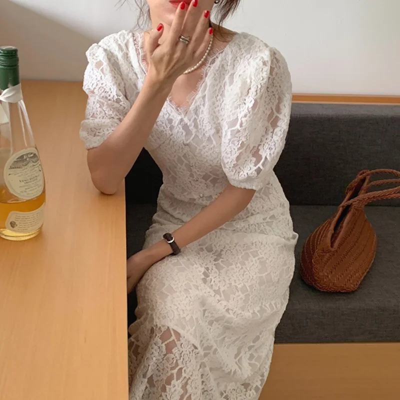 

Aibeautyer New 2021 High Waist V-Neck Minimalist Korean Lace Sexy Elegant Vintage Lady Long Dresses Women Summer Dresses