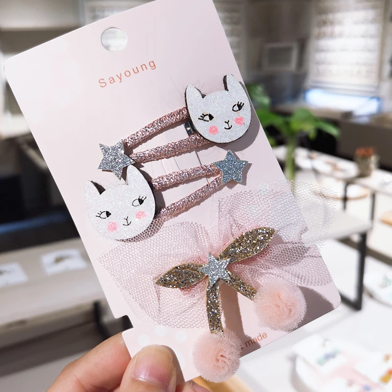 3pcs/Set Children Cartoon Cat Sequin BB Hair Clips Cute Bowknot Pompom Ball Hairpins Barrettes Kids HairAccessories | Детская одежда и