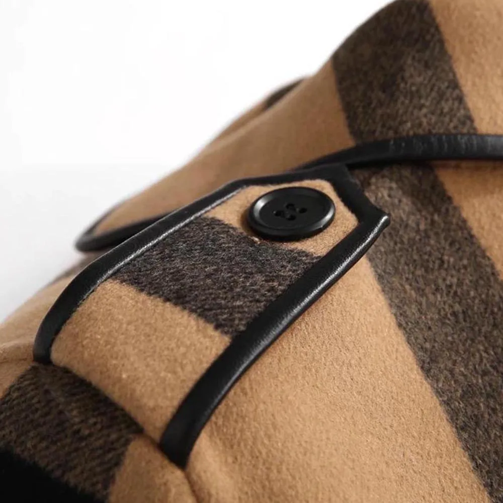 

4XL Women Vintage Plaid Woolen Coat Double Breasted Fringe Long Overcoat Elegant Ladies Outwear Coats Office Ladies Wool Coats