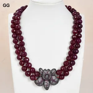 GuaiGuai Jewelry 21'' 2 Strands Natural Fuchsia Round Faceted Agates Necklace Red Cz Flower Pendant