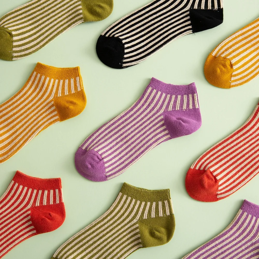 

OMEA Spring Striped Socks Girls Casual Summer Socks Women Cotton Ankle Socks 5pcs No Thread Low Tube Harajuku Japanese Fashion