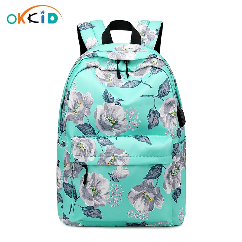 Школьные ранцы OKKID для девочек, водонепроницаемый дорожный рюкзак с зелеными цветами и USB-портом для книг, подарок на Рождество и новый год