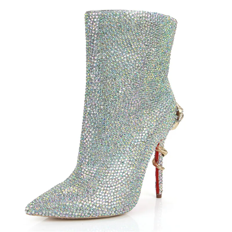 Ботинки с блестящими стразами на Новый год Женская обувь шпильках со складкой