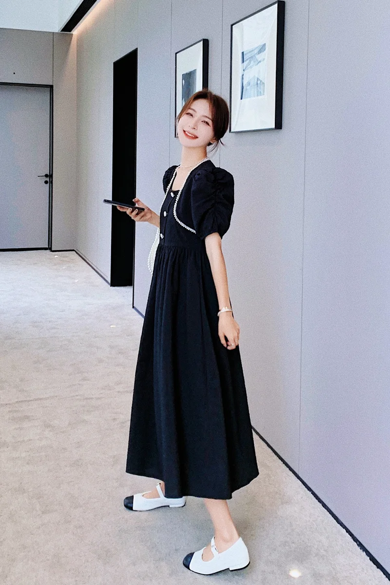 

2021 Summer Women French Style Beaded Collar Slim Short Sleeve Black Dress Female Vintage Elegant Chic Big Swing Long Dresses