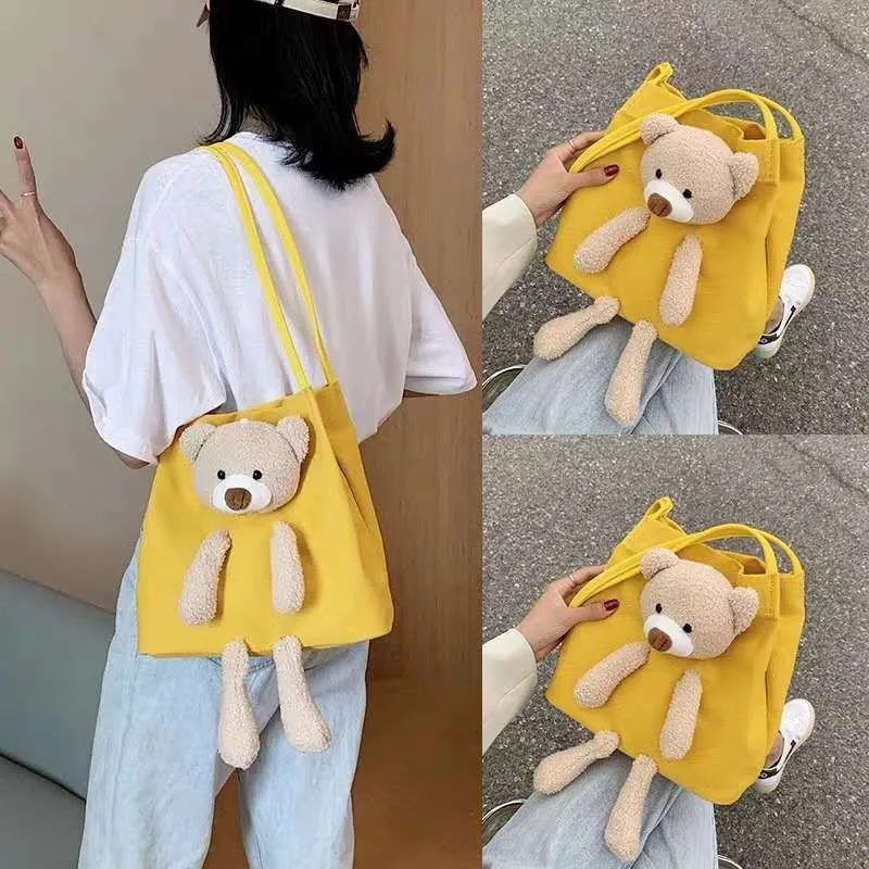 

Casual Women's Bag Canvas Shoulder Bag Cute Bear Toy Student Shoulder Book Bag Large Capacity Handbags Girls Shopping Tote Bag