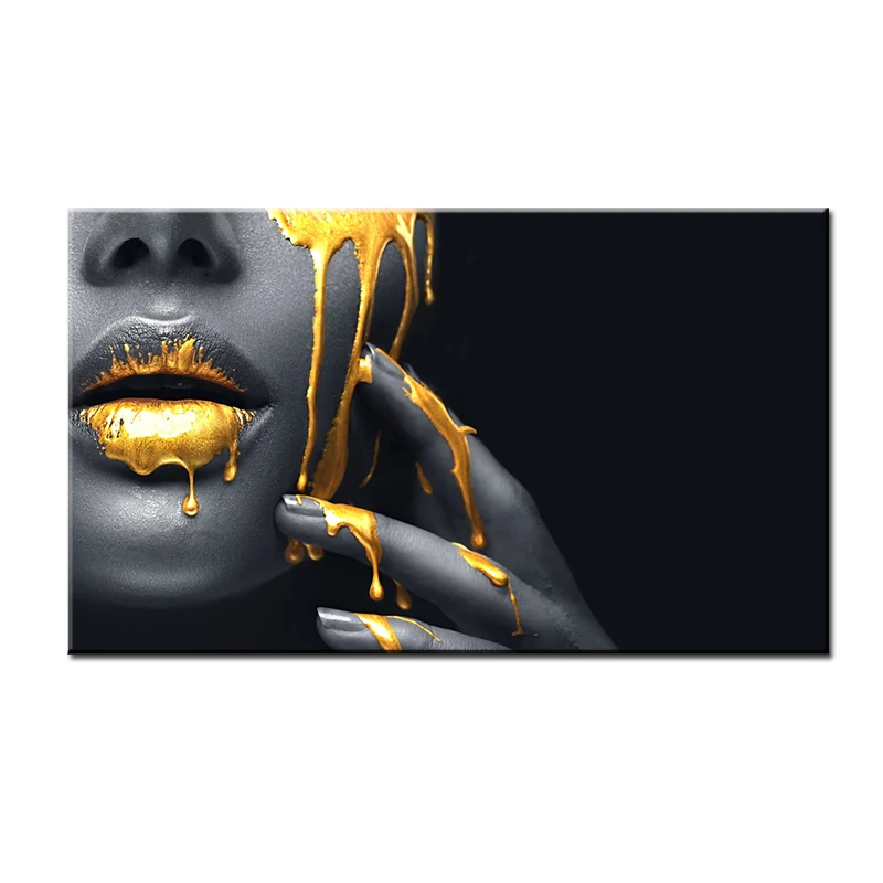 

Living room large wall art decoration painting, woman face gold and red liquid home decoration poster prints printed on canvas
