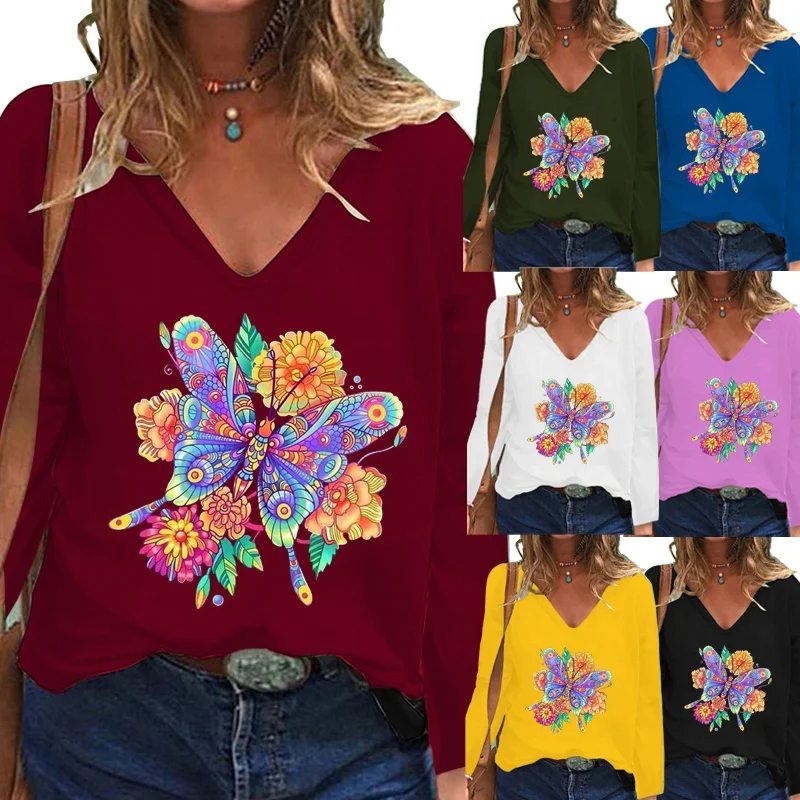 

New Women's Autumn Casual V-neck Long Sleeved T-shirt Lady Fashion Butterfly Print Loose Plus Size Top Pullovers XS-5XL