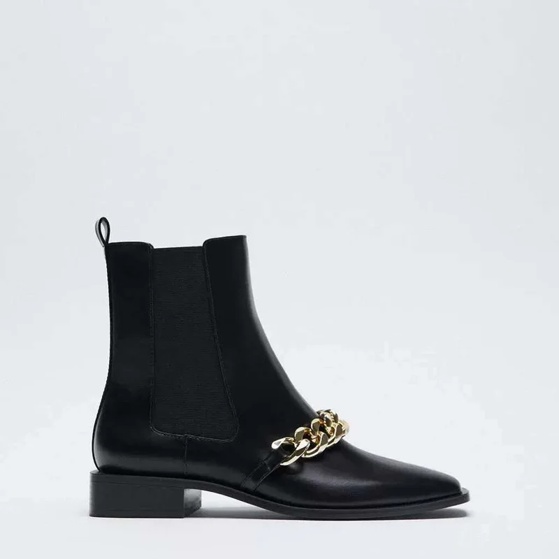 

Женские ботинки на низком каблуке ZA, черные ботильоны на толстом каблуке, со шнуровкой