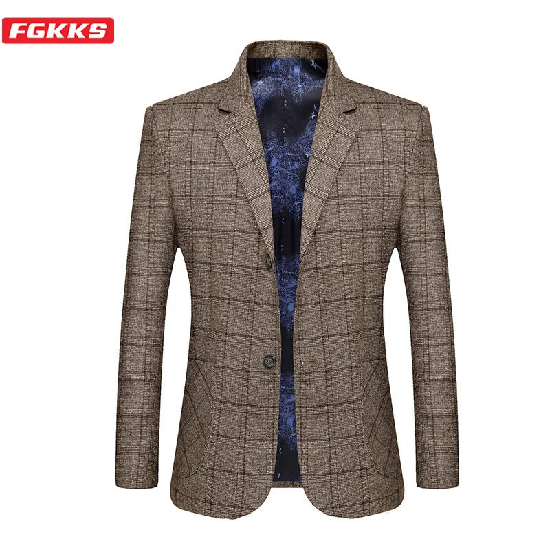 

FGKKS Brand Men Blazers Lined Print Men's Business Casual High Quality Wild Suit Fashion Slim Fit Lattice Blazers Coat Male