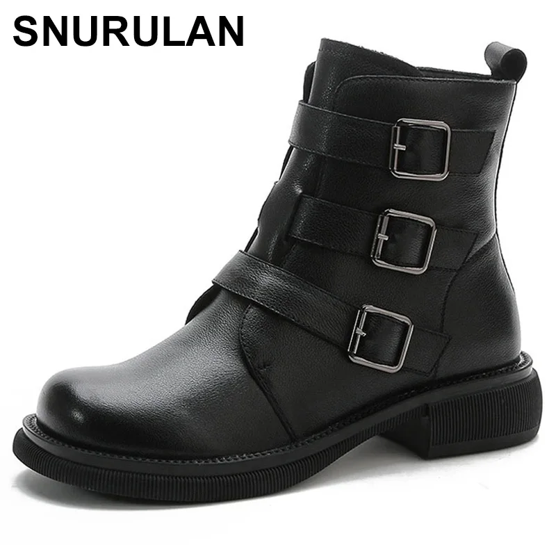 

SNURULAN 2021 Retro Women Boots Autumn Winter Warm Flat Ankle Boots Ladies 100% Genuine Leather Side Zipper Motorcycle Boots