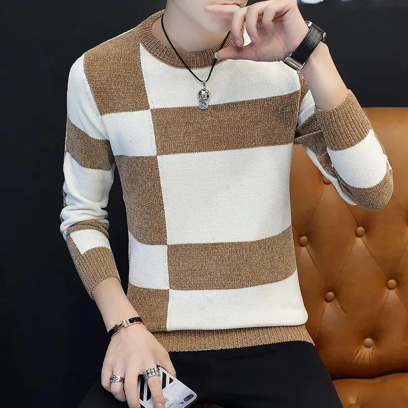 

E-BAIHUI Striped Men's Sweater Contrast Color Casual Slim Fit Sweatshirt Knitted O-Neck Winter Keep Warm Pullover Base Knitwear