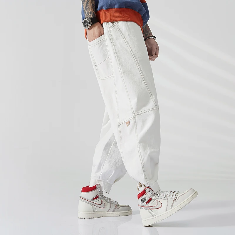 

Spring stitching white casual pants men's national tide old daddy pants straight retro tooling harem pants