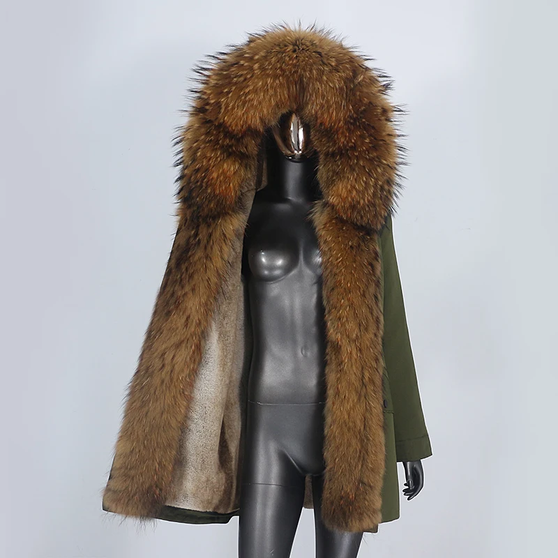 Женская парка со съемным мехом с капюшоном и воротником из меха енота
